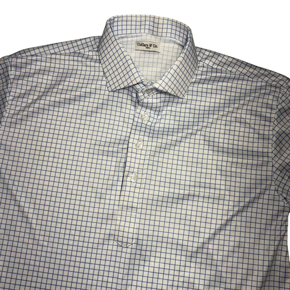 Collars & Co Men Small Blue White Windowpane Check Short Sleeve Dress Polo Shirt